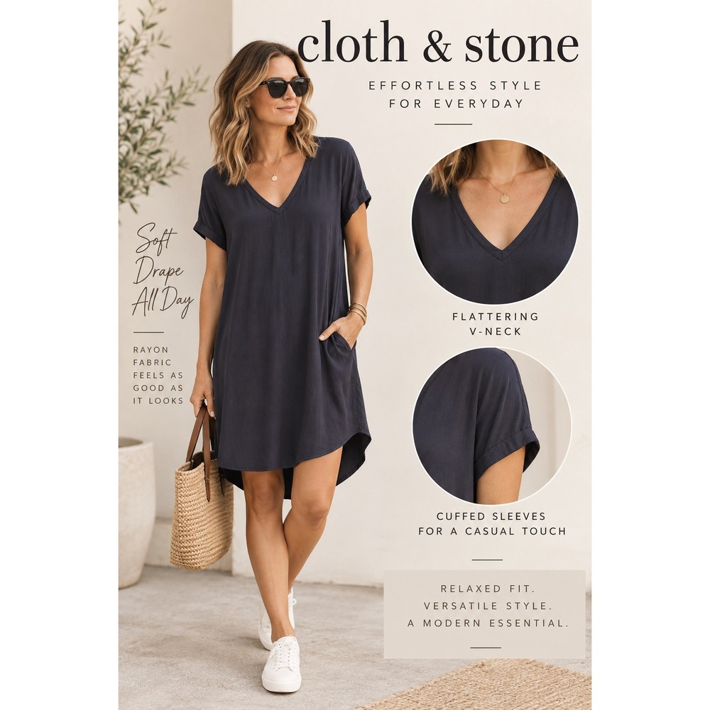 Cloth & Stone Mini Dress Women Medium Navy V-Neck Short Sleeve Rayon
